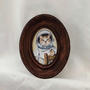 Astronaut Cat Oil Painting: Vintage Framed Tabby Art, Whimsical Decor