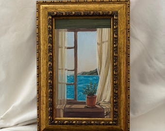 Peinture à l'huile originale de fenêtre côtière | Art avec vue sur la mer Méditerranée | Peinture de paysage de fenêtre | Décoration murale avec vue sur l'océan | Art paysager encadré