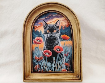 Black Cat Oil Painting, Gifts for Cat Lovers, Black Cat Wall Art, Halloween Painting, Vintage Poppy Flower Handmade Art