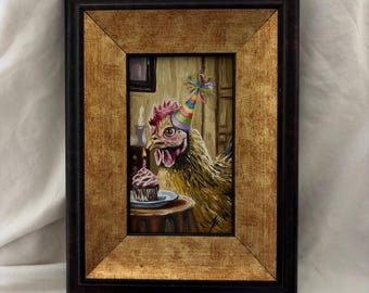 Funny Chicken Party Oil Painting | Original Hen Art | Farmhouse Decor | Rustic Kitchen Wall Art | Framed Animal Painting |