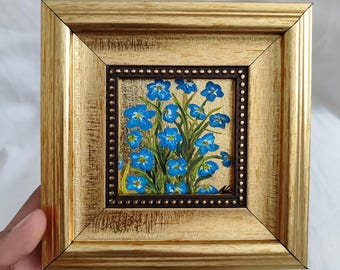 Framed Wildflower Painting – Miniature Blue Flowers on Gold Leaf, Farmhouse Botanical Art, Rustic Floral Wall Decor,flower wall art