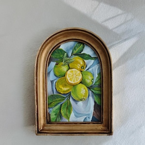 Lemon Still Life Oil Painting – Handmade Vintage Framed Wall Art for Farmhouse Kitchen and Cottagecore Decor Style