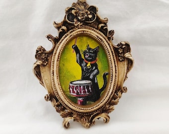 Vintage Black Cat Painting | black Cat wall art | funny black Cat art | black Cat oil painting | black cat decor