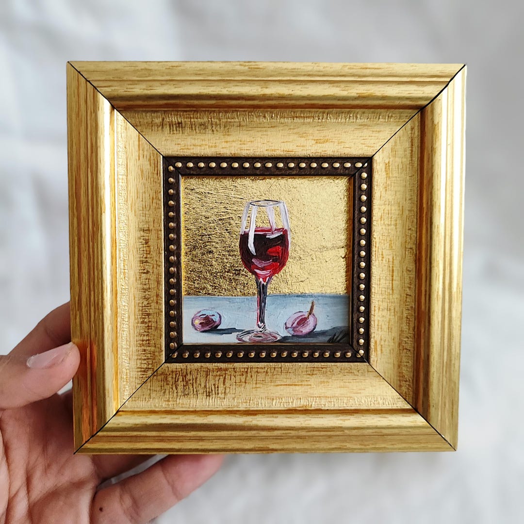 Red Wine Still Life Oil Painting - Gold Frame Miniature Art - Etsy