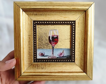 Red Wine Still Life Oil Painting | Gold Frame Miniature Art | Hand Painted Elegant Bar painting | Mini Red Wine Still Life Oil Painting
