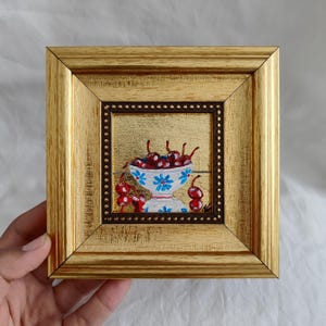 Mini Cherry Still Life Oil Painting in Gold Frame – Kitchen Wall Art,5.5x5.5 inch,Food Painting, Original Small Artwork, still life painting