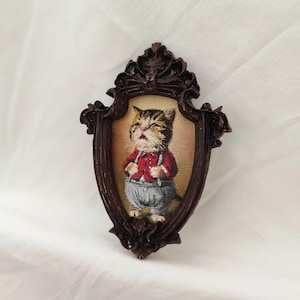 Victorian Cat Portrait Oil Painting | Framed Cat Art | Anthropomorphic Cat Painting | Vintage Gold Oval Frame | Original Cat Artwork AntiqueBrown 8x12cm