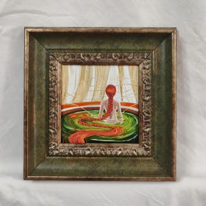 Peinture à l&#39;huile de sirène encadrée - petite oeuvre d&#39;art murale vintage fantastique - décoration rousse mythique - cadeau unique fait main pour les espaces de rêve