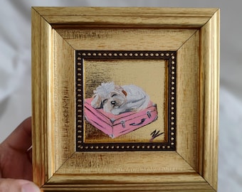Funny Dog Oil Painting on Gold Leaf: Miniature Framed Art,bichon frise painting, maltese wallart
