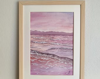 Pink Ocean Watercolor Painting | Seascape Art | Original Handmade Watercolor | Romantic Wall Decor | Coastal Artwork | Coquette Decor