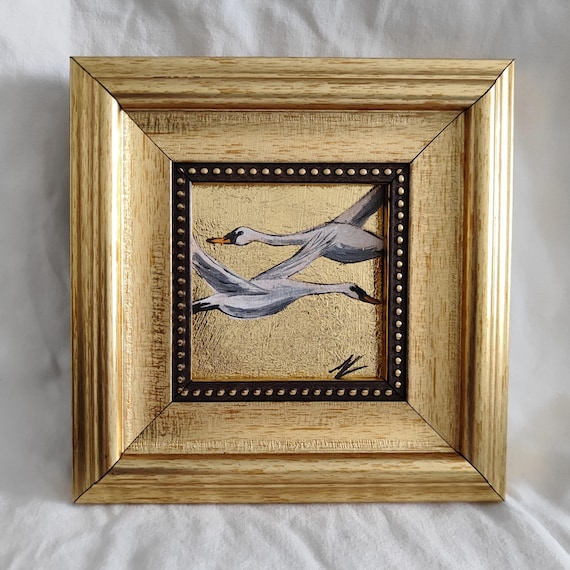 Original Flying Swan Oil Painting on Gold Leaf | Swan Wall Art | Small Swan Painting | Oil Painting on Gold Leaf Background| Gold Framed Art