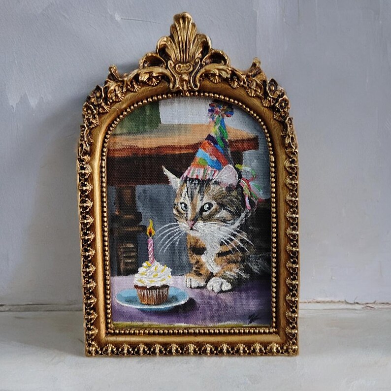 Handmade Cat Oil Painting: Victorian Style Art with Vintage Frame image 6