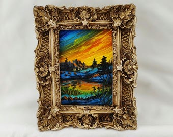 Mini Sunset Landscape Painting | Handmade Nature Scene with Pine Trees & Lake | Hand Painted Scenic Artwork in Vintage Inspired Style