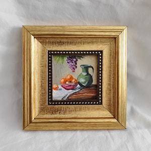 Still Life Fruit Painting – Miniature Kitchen Art with Oranges & Jug in Gold Frame,original still life oil painting, still life wall art.