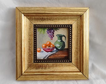 Still Life Fruit Painting – Miniature Kitchen Art with Oranges & Jug in Gold Frame,original still life oil painting, still life wall art.