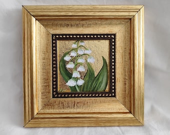 Lily of the Valley Oil Painting: Gold Leaf, Ornate Frame, Birth Flower Art, birth flower wall art,birth flower art, flower oil painting