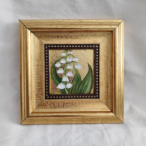 Lily of the Valley Oil Painting: Gold Leaf, Ornate Frame, Birth Flower Art, birth flower wall art,birth flower art, flower oil painting