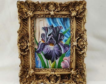 Purple Flower Oil Painting – Framed Floral Wall Art in Ornate Gold – Botanical Artwork for Farmhouse & Cottagecore Decor