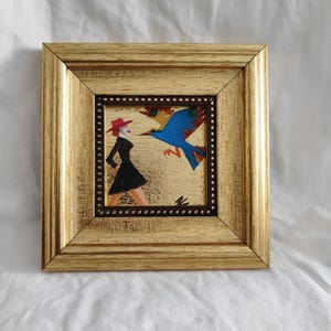 Blue Bird and Woman Oil Painting on Gold Leaf,5.5x5.5  Inch Miniature Framed Oil Painting, Blue Bird Oil Painting, Gold Leaf painting.
