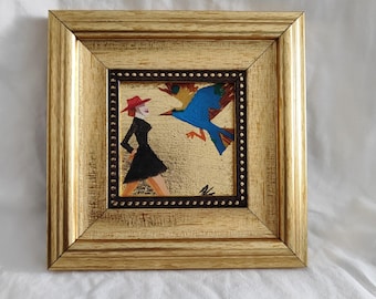 Blue Bird & Woman Oil Painting on Gold Leaf - Framed Miniature Art (5.5x5.5 in) | woman and bird painting | woman wall art | woman decor