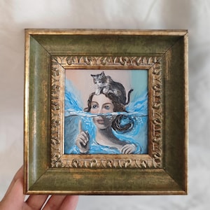 urreal Cat Oil Painting – Tiny Victorian Style Woman Portrait – Cat Lover Gift – Whimsical Miniature Wall Art – Vintage Framed Art