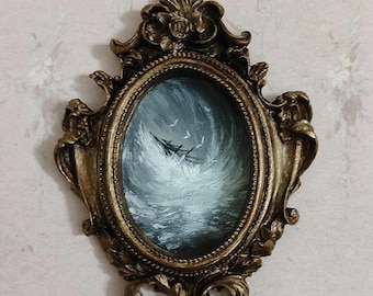vintage style original oil painting| old framed painting |small framed original oil painting |antique framed board picture ship in the waves