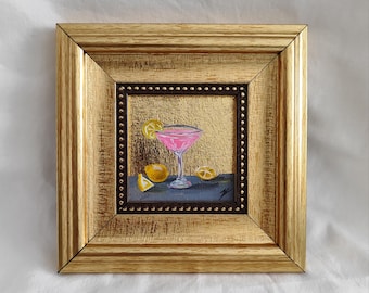 Pink Martini Oil Painting:Gold Leaf Framed Still Life,Pink martini painting, martini wall art, Pink martini decor, kitchen decor,kitchen art