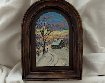 Original Winter Cabin Oil Painting | Handmade Snow Landscape Art | Vintage Gold Framed Miniature Painting | Cozy Cottagecore Decor | Rustic