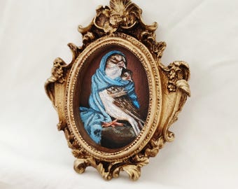 Framed Bird Oil Painting: Whimsical Cottagecore Art, Antique Style