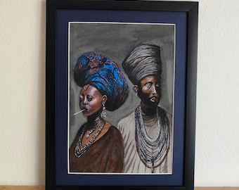 Original African themed watercolor painting | Cultural couple portrait | Ethnic wall decor | African woman portrait | original watercolor