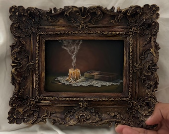 Pintura al óleo original de una vela / Marco antiguo ornamentado / Naturaleza muerta oscura y melancólica / Decoración gótica para el hogar / Obra de arte de inspiración victoriana /