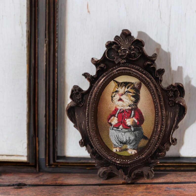 Victorian Cat Portrait Oil Painting | Framed Cat Art | Anthropomorphic Cat Painting | Vintage Gold Oval Frame | Original Cat Artwork AntiqueBrown 10x13cm