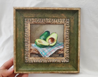 Hand-Painted Avocado Oil Painting in Vintage Frame | Rustic Kitchen Wall Art | avocado wall art | avocado art | kitchen oil painting