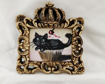 Portrait de chat victorien : peinture à l'huile drôle de chat noir sous cadre royal