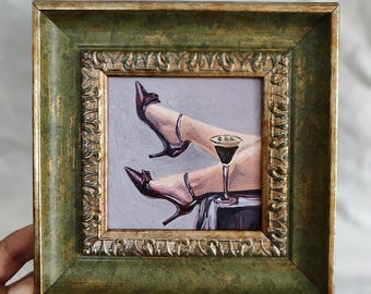 Miniature Oil Painting with Espresso Martini | Framed Vintage Whimsical Art | Victorian Style Cocktail Wall Decor | Handmade Bar Gift.
