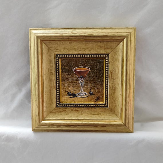 Manhattan cocktail oil painting framed on gold leaf|  5.5x5.5 inch, still life oil painting,kitchen wall art | cocktail wall art | bar cart