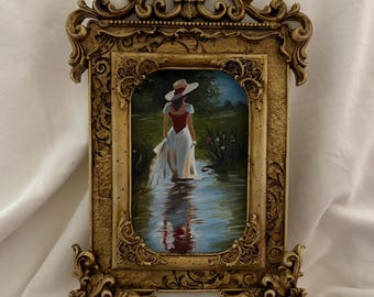 Original Victorian Lady Oil Painting | Ornate Gold Frame Art | Dark Academia Decor | French Country Wall Art | Handmade