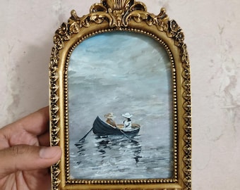 Original vintage gold ornate frame with romantic boat painting,handmade miniature art,antique style decor,unique gift,table with river view