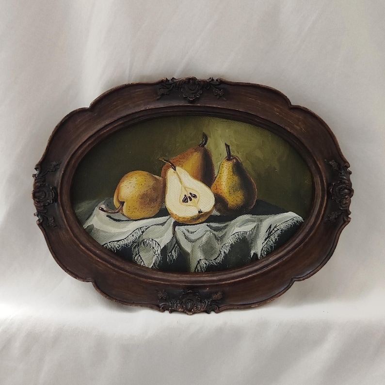 Vintage-Ölgemälde mit Birnenstillleben | Originales handgefertigtes Kunstwerk | Klassische Fruchtkunst | Küchenwanddekoration | Zeitloser Stil | Birnen-Wandkunst