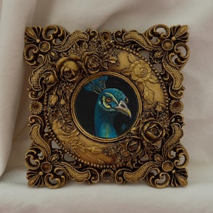 Vintage Peacock Miniature Painting| Ornate Antique Gold Frame | Hand Painted Peacock Portrait | Baroque Style Wall Art Decor | bird painting image 5