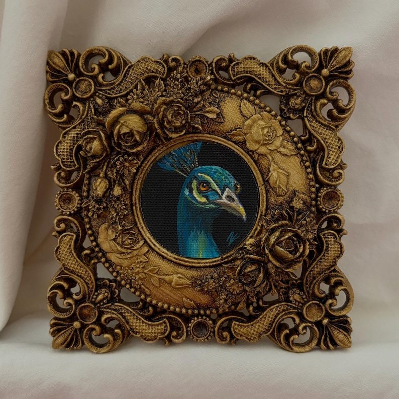 Vintage Peacock Miniature Painting| Ornate Antique Gold Frame | Hand Painted Peacock Portrait | Baroque Style Wall Art Decor | bird painting image 5