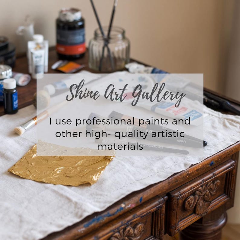 May include: A still life of art supplies on a wooden table. The image features paint tubes, brushes, and a jar of paintbrushes. The text overlay reads "Shine Art Gallery" and "I use professional paints and other high-quality artistic materials."