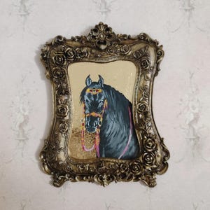 Vintage style black horse oil painting, horse oil painting.antique style framed horse painting, horse painting,black animals oil painting