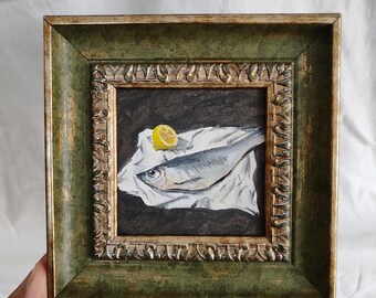 Oil Painting Fish Wall Art | Farmhouse Kitchen Decor | Cottagecore Miniature Art with Vintage Frame, still life wall art, still life decor