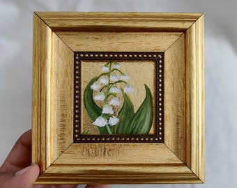 Lily of the Valley Oil Painting – Gold Leaf Birth Flower Art in Ornate Frame,Framed White Flower Painting – Lily of the Valley Gold Leaf