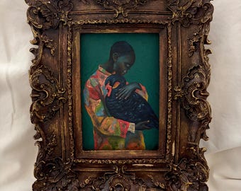 Original Black Woman With Black Swan Painting | Afrocentric Art | Dark Academia Decor | Ornate Frame Art | Black Woman Holding Black Swan