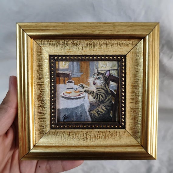 Funny Cat Art: 5.5x5.5 Inch Gold Painting,Minimalist Cat Art , kitchen fun wall art, Cat lover gift