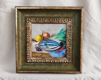 Handmade Oil Painting sardines Still Life with Fish | Vintage Framed Cottagecore Kitchen Art | Rustic Wall Decor | sardine artwork