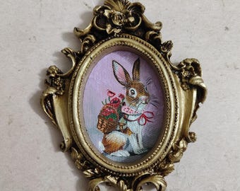 Vintage Framed Rabbit Painting: Handmade Easter Bunny with Flowers, rabbit wall art, bunny wall art , bunny oil painting, rabbit decor