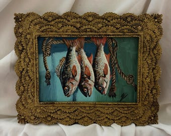 Vintage Fish Oil Painting | Original Handmade Oil Painting | Hanging Fish Still Life Art | Framed Miniature Artwork | Coastal Cottage Decor